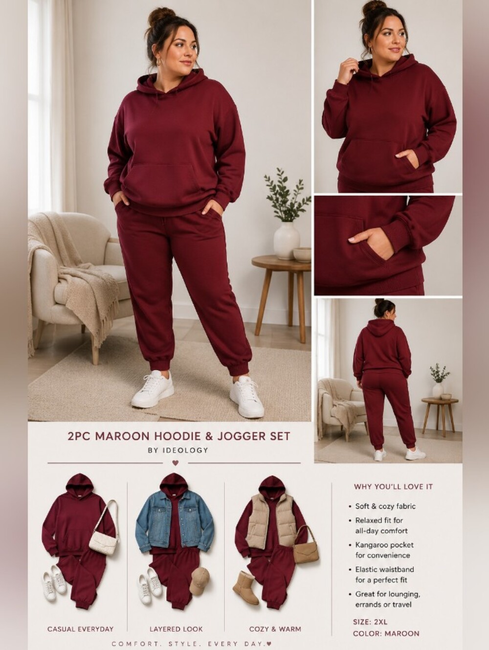 2xl- 2pc Maroon Hoodie and Jogger Set By Ideology